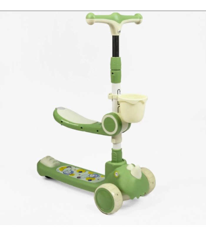 Самокат трехколесный с сидением FM-9040/04, колеса PU 125х40мм со светом, музыка и подсветка платформы, руль складной, корзина, пкунок малюка