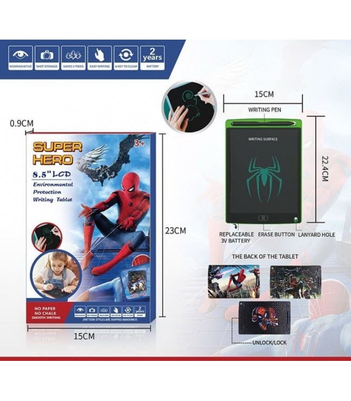 Планшет для рисования WY 102, герой, диагональ: 8.5 дюймов, стилус, блокировка экрана, кнопка стирания, пакунок малюка