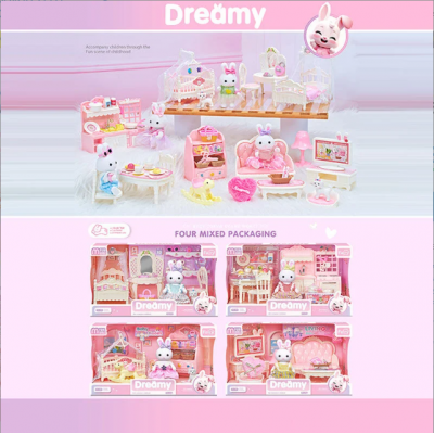 Набор мебели 6669 A 4 вида, 1 флоксовая фигурка, собачка, аксессуары, кровать, туалетный столик, стульчик, пакунок малюка