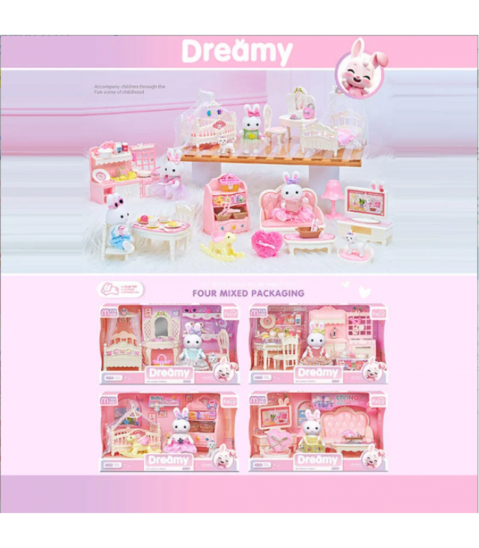 Набор мебели 6669 A 4 вида, 1 флоксовая фигурка, собачка, аксессуары, кровать, туалетный столик, стульчик, пакунок малюка