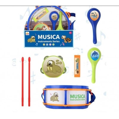 Набор музыкальных инструментов 717, барабан: 28х28х12 см, барабанные палочки, маракасы, бубен, кастаньеты, ремешок, пакунок малюка