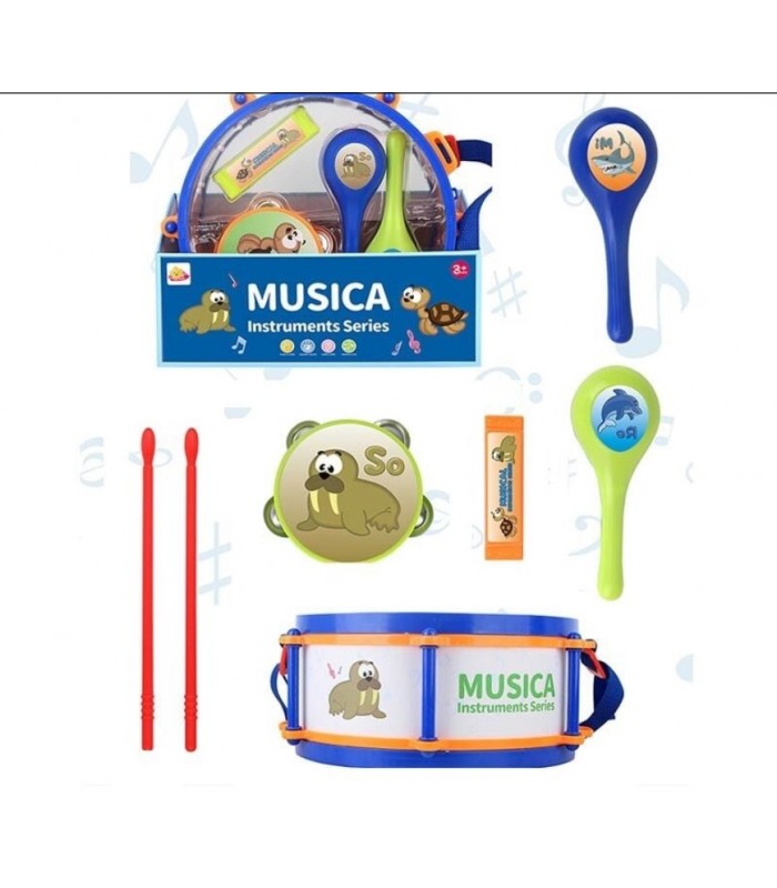 Набор музыкальных инструментов 717, барабан: 28х28х12 см, барабанные палочки, маракасы, бубен, кастаньеты, ремешок, пакунок малюка