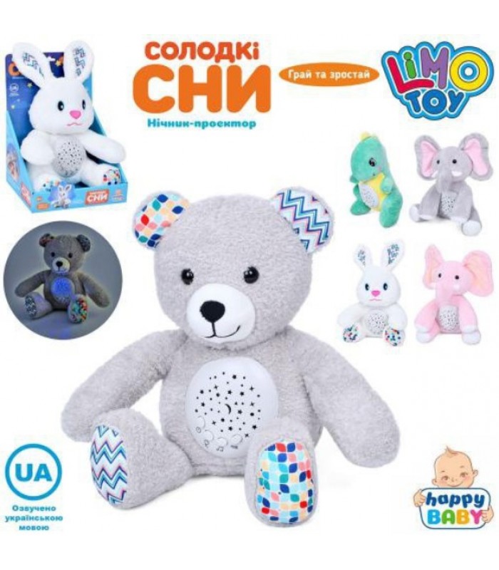 Ночник HB 0044 ABCDE свет/проектор звездного неба, музыка (УКР), плюш, 5 видов, на бат-ц, пакунок малюка