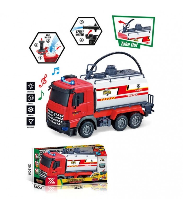 Спецтехника 688-8 B “Водовоз”, длина 29 см, подсветка, звуковые эффекты, инерция, резиновые колеса, насосная подача воды