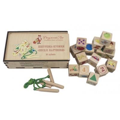 Развивающая деревянная игрушка Шнуровка кубики Веселые картинки, 90046, для детей от 1 года, Пакунок малюка