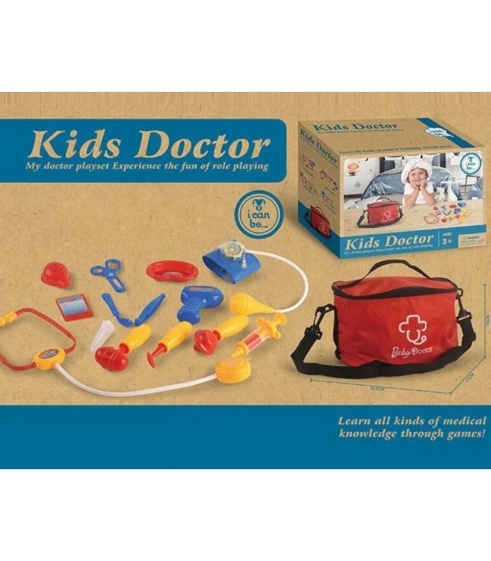 Набор врача KJ 1934 A-8, медицинская сумка, стетоскоп, молоточек, тонометр, отоскоп, шприц, термометр, ножницы, пакунок малюка