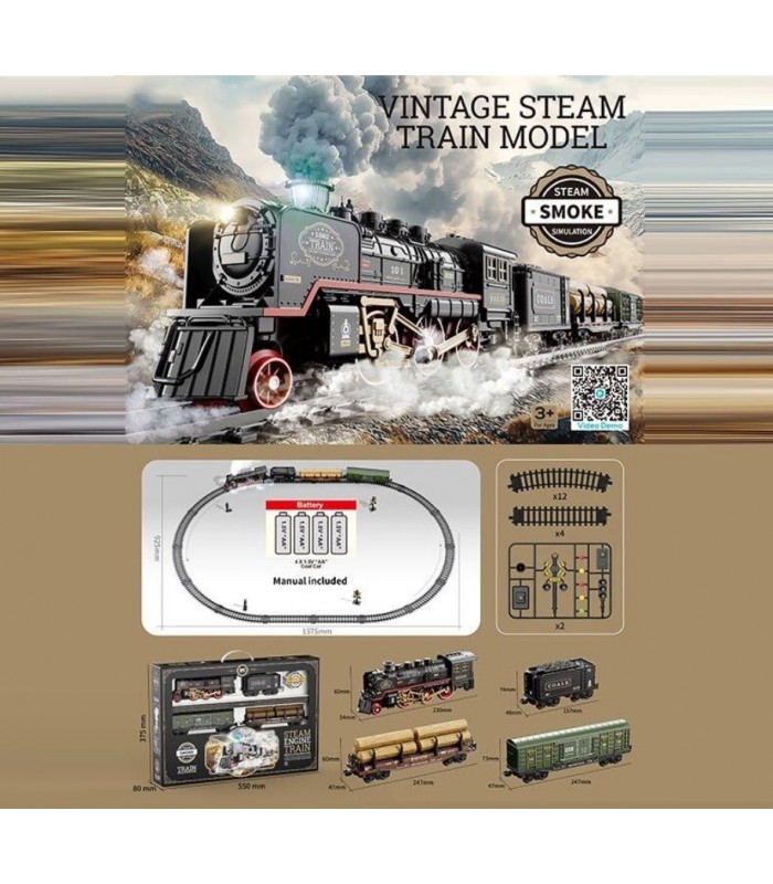 Железная дорога HS 8022 A, локомотив, 3 вагона, звуки, подсветка, парогенератор, пакунок малюка