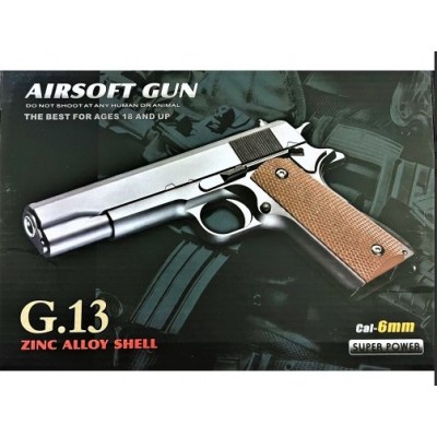 G13S Страйкбольный пистолет Galaxy Colt M1911 Classic металл пластик серебро с шариками, пакунок малюка