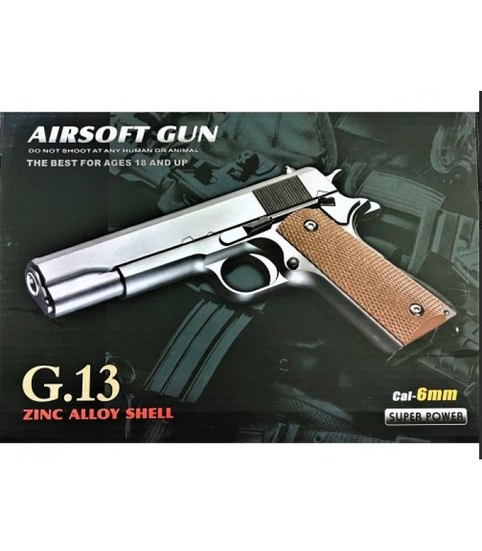 G13S Страйкбольный пистолет Galaxy Colt M1911 Classic металл пластик серебро с шариками, пакунок малюка