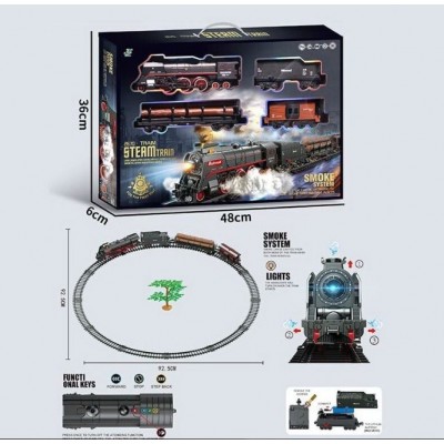 Железная дорога 601 B, 4 вагона длиной 72 см, дорога 92.5х92.5 см, подсветка, парогенерация,  движение вперед-назад, пакунок малюка