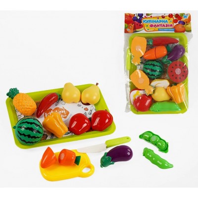 Набор продуктов “Кулинарная фантазия” 554411 "WToys", 21 элемент, овощи и фрукты на липучках, поднос, доска для нарезки, безопасный нож в пакет