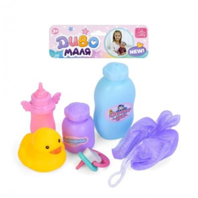 Аксессуары для куклы YL205J-DM-UA соска, бутылка, флаконы, мочалка, утенок, в пакете, 20-18-4см, пакунок малюка