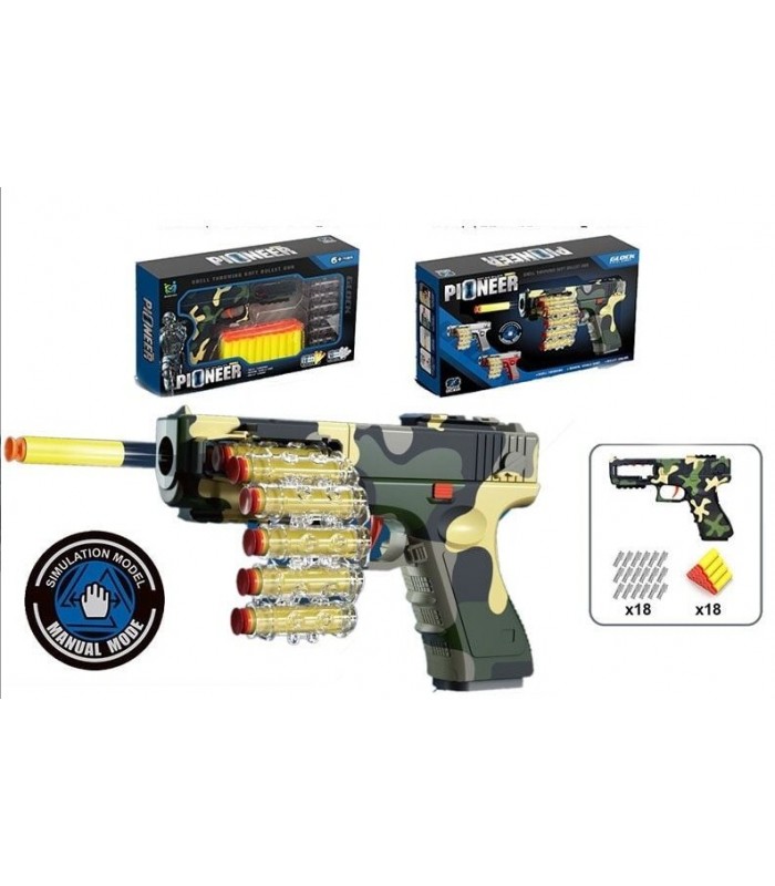 Пистолет 009 B , стреляет мягкими патронами, механический принцип работы, шаровая лента, 20 патронов, пакунок малюка