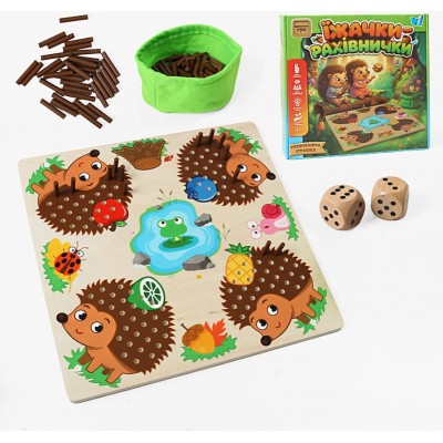 Деревянная настольная игра 36693, "WToys", "Ежи-счетчики", игровая платформа с отверстиями 30х30х1 см, 2 кубика, пакунок малюка