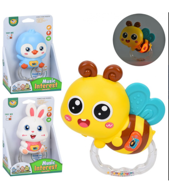 Погремушка 855-187D-188D-190D ,муз., звук, свет, 3 вида(пингвин, зайчик, пчела), бат., кор.,13см