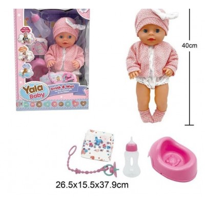 Пупс YL 2 440 AA, высота 40 см, закрывает глаза, съемная одежда, пьет из бутылочки, ходит на горшок, аксессуары, пакунок малюка
