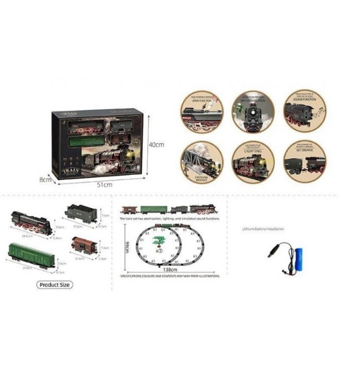 Железная дорога 608 B, 4 вагона длиной 68 см, дорога 99х138 см, подсветка, парогенерация, звук-беззвучный режим, пакунок малюка