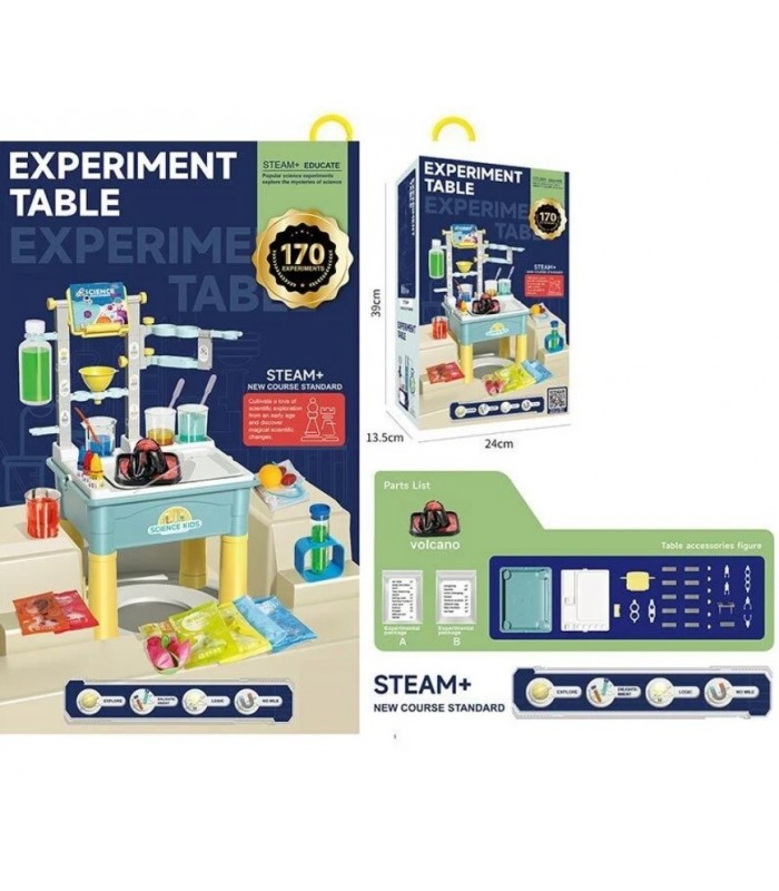 Набор химика HX 77-6 Y, столик высотой 30 см, вулкан, реактивы-порошки, мерные стаканы, мячик, шприц без иглы, пакунок малюка