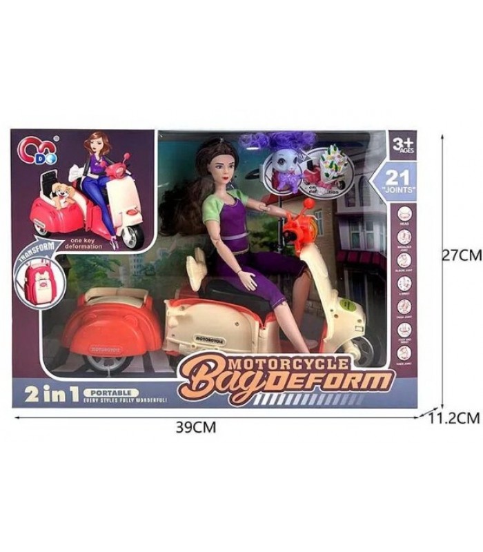 Кукла JJ 8723 высота - 29 см, мопед трансформируется в рюкзак, подвижные суставы, любимец, в коробке, пакунок малюка