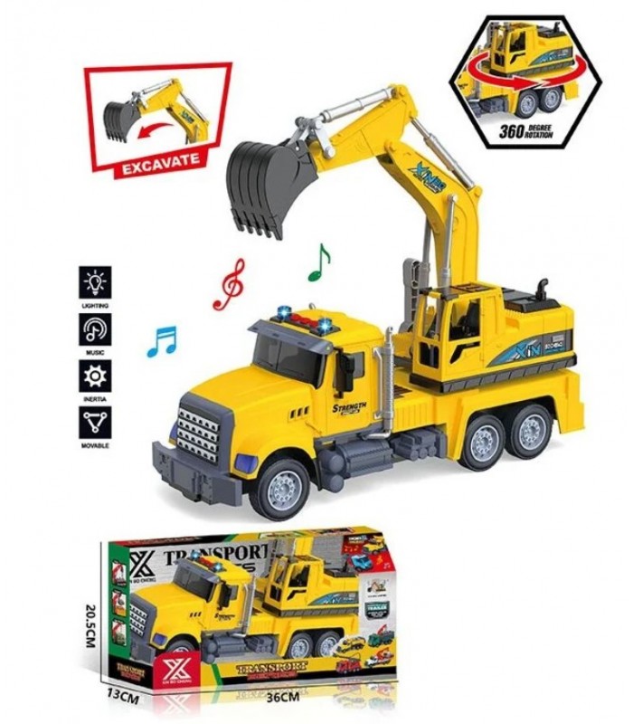 Спецтехника 688-2 A “Экскаватор”, длина 32 см, подсветка, звуковые эффекты, инерция, резиновые колеса, платформа вращающаяся на 360°, 